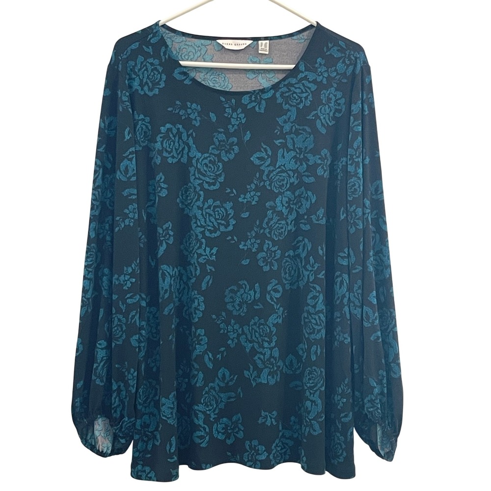 00060‎ - Susan Graver 2X Blouse Black Blue Floral Long Sleeve Liquid Knit Top